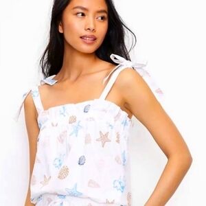 LOFT Sleep Seashell Star Fish Women’s Medium White Bow Tie Straps Top Blouse